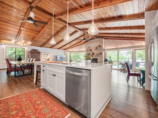 2904 Le Homme Dieu Vw NE, Alexandria, MN 56308 - kitchen featuring appliances with stainless steel finishes, ceiling fan, a sink, wooden ceiling, and white cabinets