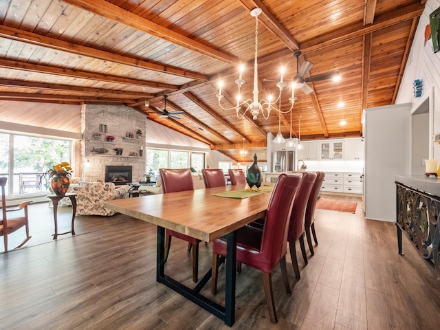 2904 Le Homme Dieu Vw NE, Alexandria, MN 56308 - dining room featuring wood ceiling, a fireplace, dark wood finished floors, a chandelier, and a ceiling fan