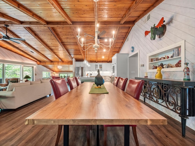 2904 Le Homme Dieu Vw NE, Alexandria, MN 56308 - dining space with wooden ceiling with exposed beams, a chandelier, wood finished floors, and wooden walls
