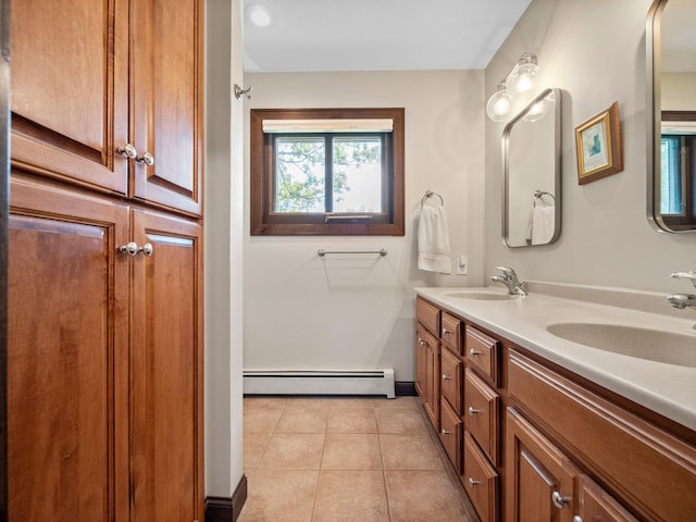 2904 Le Homme Dieu Vw NE, Alexandria, MN 56308 - bathroom featuring baseboard heating, tile patterned floors, and double vanity