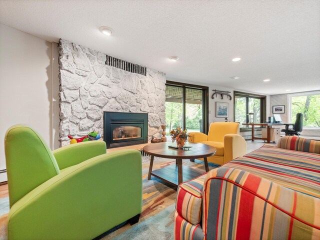 2904 Le Homme Dieu Vw NE, Alexandria, MN 56308 - living room featuring a stone fireplace, recessed lighting, a textured ceiling, and wood finished floors