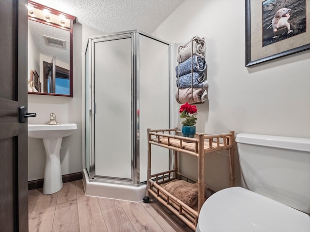 2904 Le Homme Dieu Vw NE, Alexandria, MN 56308 - full bath with a stall shower, wood finished floors, toilet, a textured ceiling, and a sink