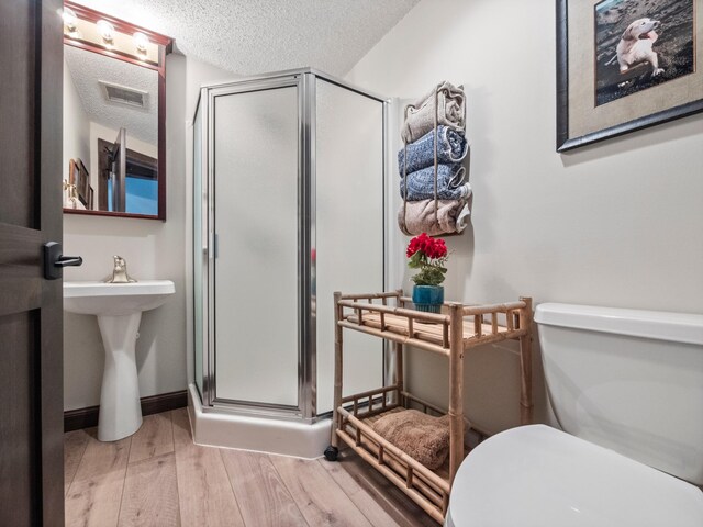 2904 Le Homme Dieu Vw NE, Alexandria, MN 56308 - bathroom with a shower stall, wood finished floors, toilet, a textured ceiling, and a sink