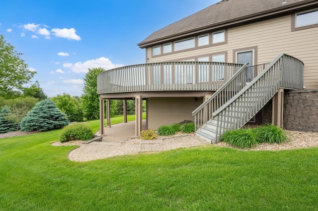 1502 Epperstone Enclave, Byron, MN 55920 - rear view of property with a yard, stairs, a deck, roof with shingles, and a patio