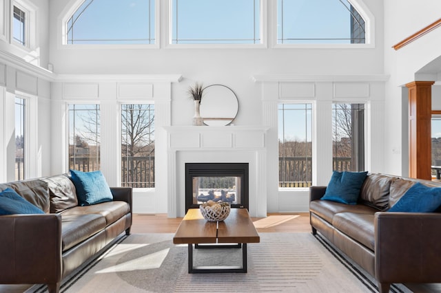 1502 Epperstone Enclave, Byron, MN 55920 - living area featuring a high ceiling, a glass covered fireplace, and wood finished floors