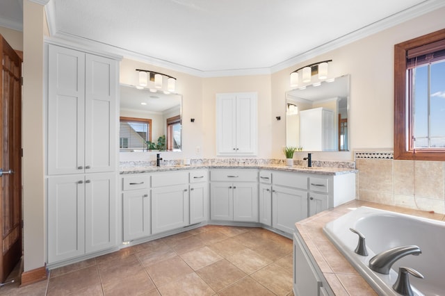 1502 Epperstone Enclave, Byron, MN 55920 - bathroom with double vanity, plenty of natural light, crown molding, and a bath