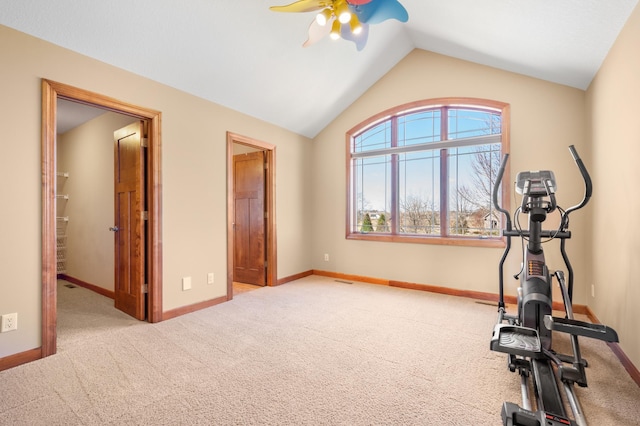 1502 Epperstone Enclave, Byron, MN 55920 - exercise area with carpet floors, a ceiling fan, and lofted ceiling
