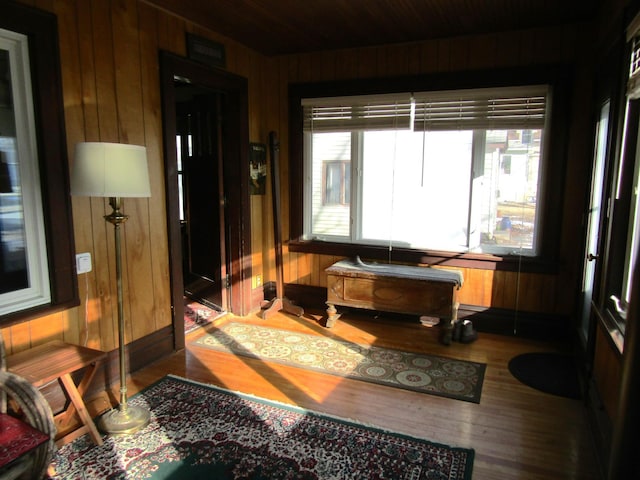 interior space featuring wood finished floors and wooden walls