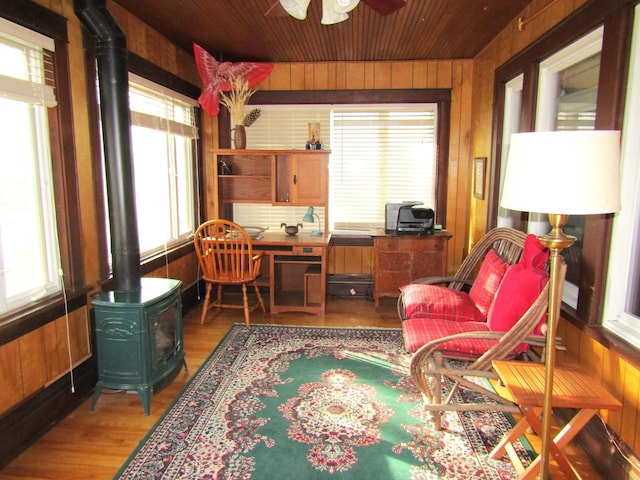 home office featuring wooden ceiling, wood walls, a ceiling fan, light wood-type flooring, and a wood stove