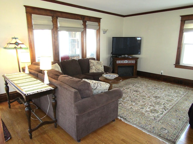 living area featuring ornamental molding, a fireplace, wood finished floors, and baseboards