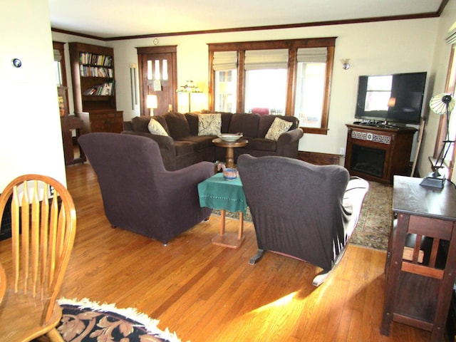 living area with a fireplace, ornamental molding, and wood finished floors