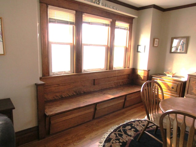 interior space with ornamental molding and wood finished floors