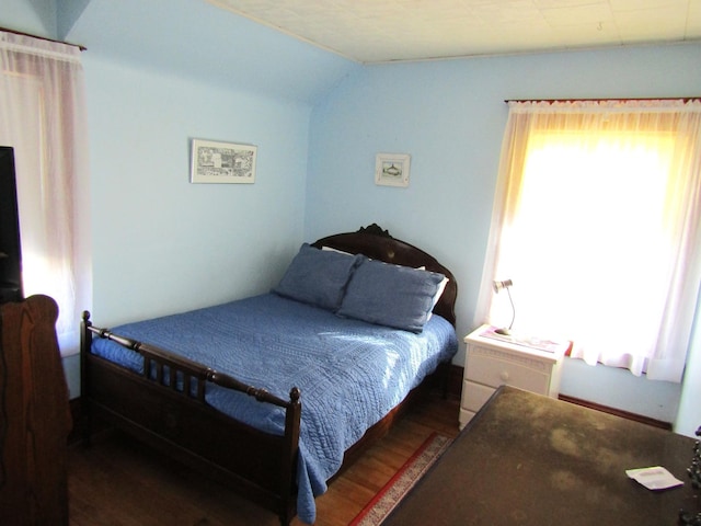 bedroom featuring multiple windows, vaulted ceiling, and wood finished floors