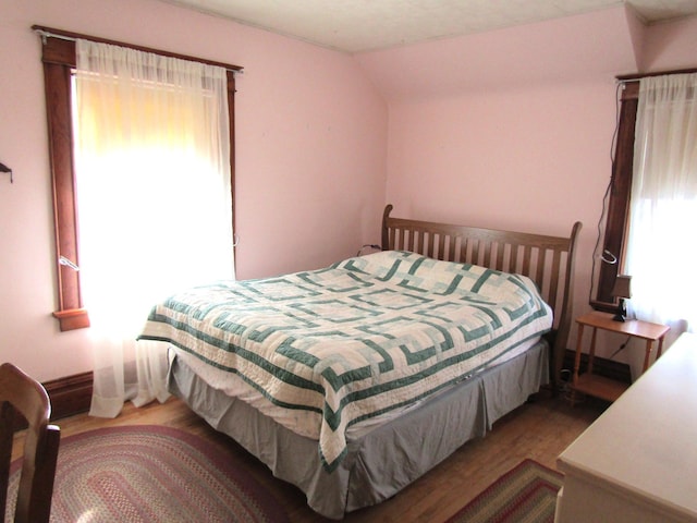 bedroom featuring multiple windows, vaulted ceiling, and wood finished floors