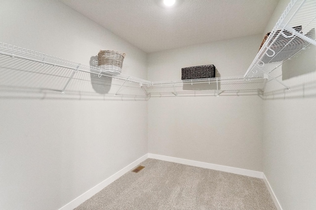 walk in closet with visible vents and light colored carpet