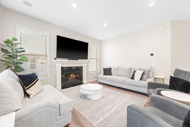 living area featuring plenty of natural light, recessed lighting, a glass covered fireplace, and wood finished floors