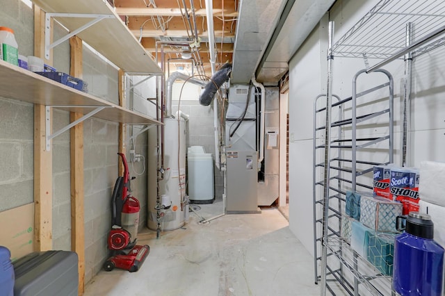 unfinished basement with heating unit and water heater