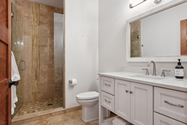 full bath with toilet, a shower stall, vanity, and tile patterned floors