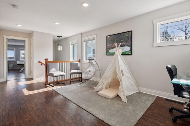 game room with recessed lighting, visible vents, baseboards, and wood finished floors