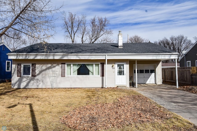 single story home featuring fence, aphalt driveway, roof with shingles, a chimney, and a garage