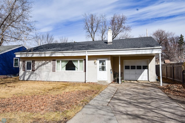 ranch-style home featuring fence, aphalt driveway, roof with shingles, a chimney, and an attached garage