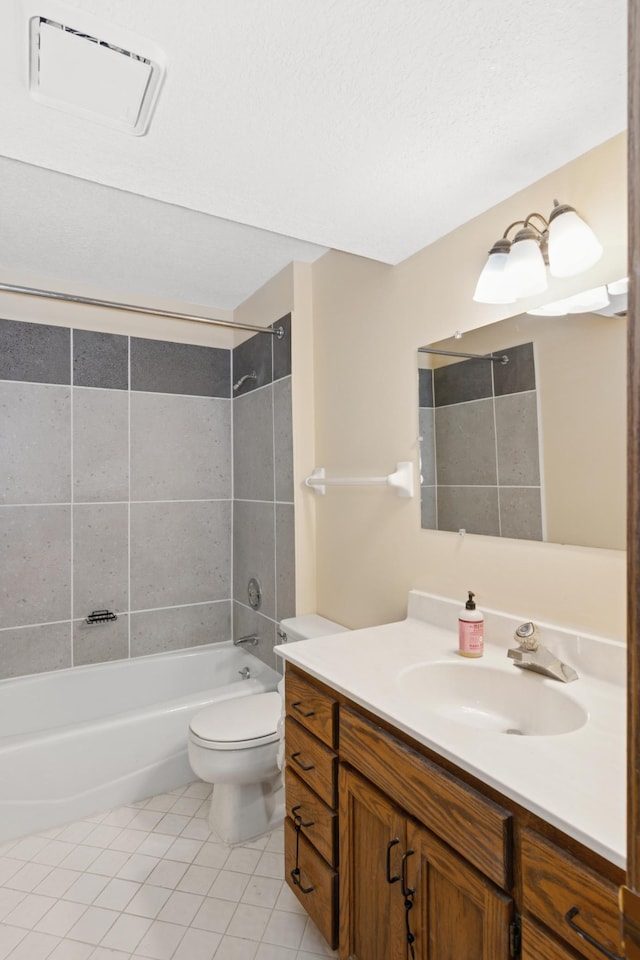 full bath featuring visible vents, toilet, shower / bathtub combination, tile patterned flooring, and vanity