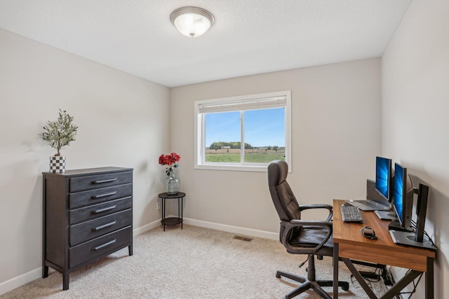 office area featuring baseboards and light colored carpet