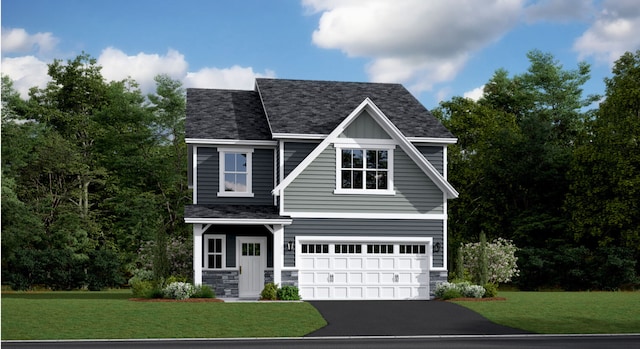 view of front of house with an attached garage, stone siding, aphalt driveway, and a front yard