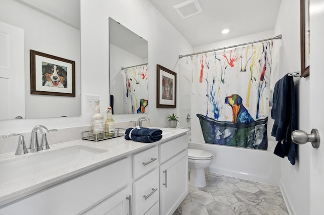 bathroom featuring toilet, a sink, visible vents, double vanity, and shower / bath combo with shower curtain