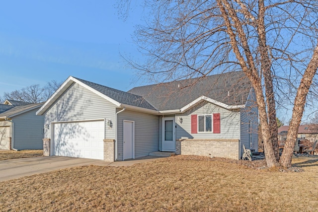 ranch-style house with driveway, a shingled roof, a front lawn, a garage, and brick siding