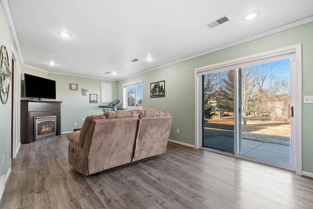 living room with visible vents, a warm lit fireplace, and wood finished floors