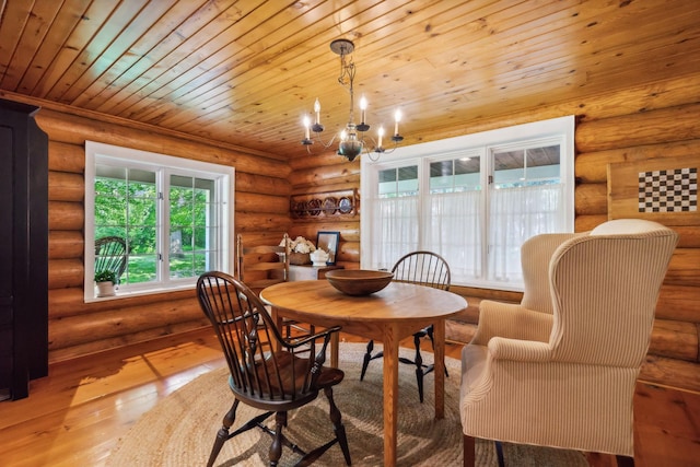 dining area with wood ceiling, an inviting chandelier, wood-type flooring, and rustic walls