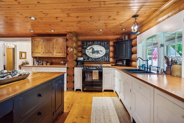 kitchen with recessed lighting, a sink, wood counters, wooden ceiling, and black range with electric cooktop