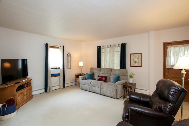 21 1st St NE, Fairfax, MN 55332 - living area with light carpet, a baseboard heating unit, and cooling unit