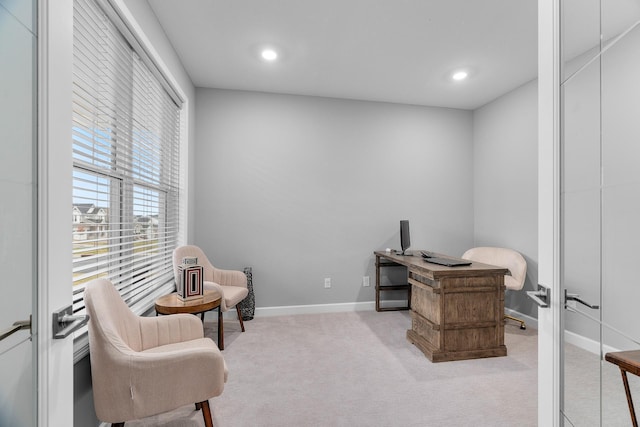 office area featuring recessed lighting, carpet flooring, and baseboards