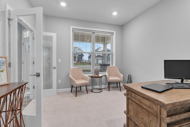 home office with recessed lighting, french doors, light carpet, and baseboards