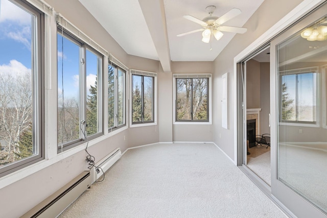 sunroom / solarium with ceiling fan, a fireplace, and a baseboard radiator