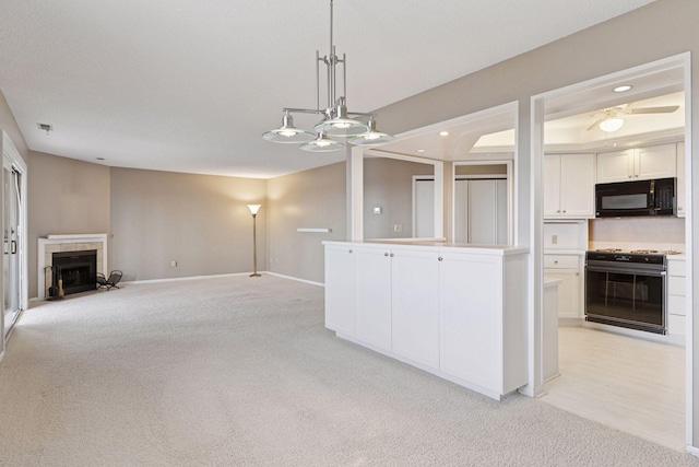 unfurnished living room with visible vents, baseboards, recessed lighting, a tiled fireplace, and light colored carpet