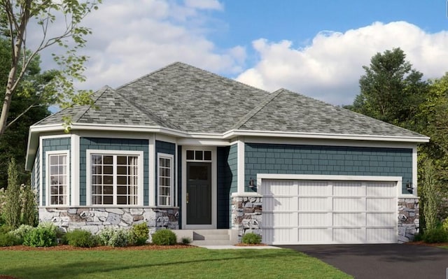 view of front of property featuring aphalt driveway, an attached garage, a shingled roof, stone siding, and a front lawn