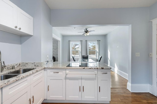 kitchen with light stone counters, a sink, a peninsula, and black electric stovetop