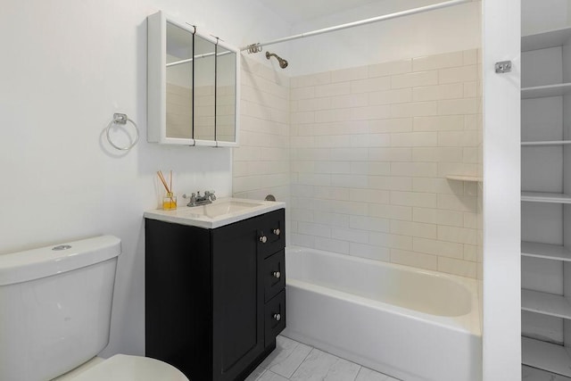 bathroom with toilet, shower / bath combination, marble finish floor, and vanity