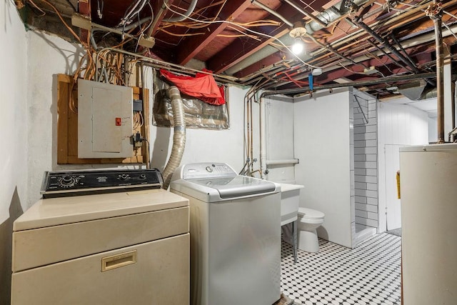 laundry room featuring laundry area, washer and clothes dryer, gas water heater, and electric panel