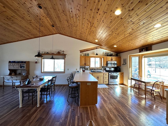 kitchen with dark wood finished floors, wood ceiling, vaulted ceiling, appliances with stainless steel finishes, and a peninsula