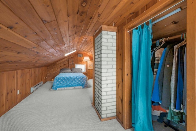 carpeted bedroom with lofted ceiling, wooden ceiling, wooden walls, and baseboard heating