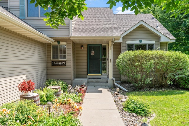 doorway to property featuring a yard and roof with shingles