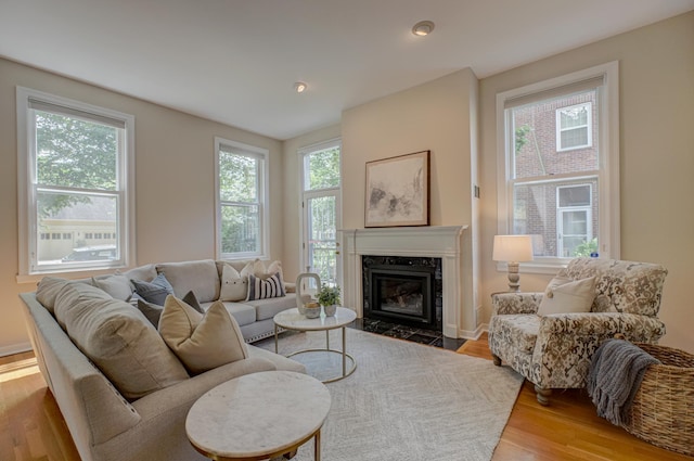355 Laurel Ave, Saint Paul, MN 55102 - living room with wood finished floors, a premium fireplace, and recessed lighting