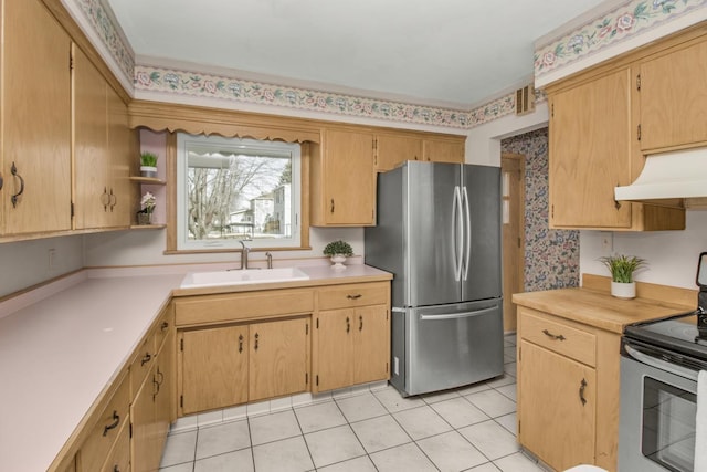 kitchen with a sink, light countertops, under cabinet range hood, and stainless steel appliances