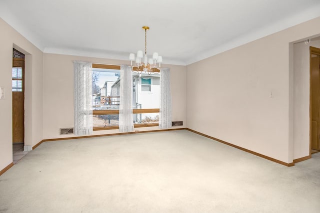 unfurnished dining area with light carpet, a chandelier, baseboards, and visible vents