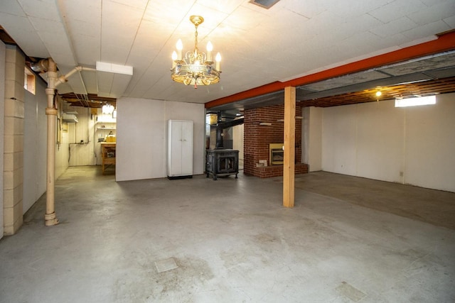 basement with a wood stove