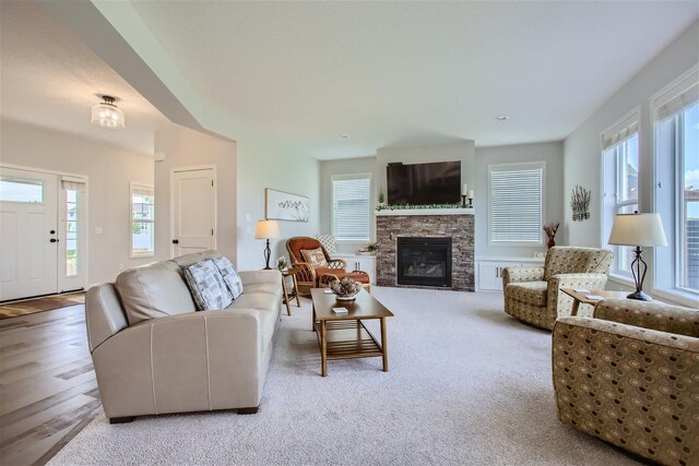 living area featuring a fireplace, a wealth of natural light, and wood finished floors